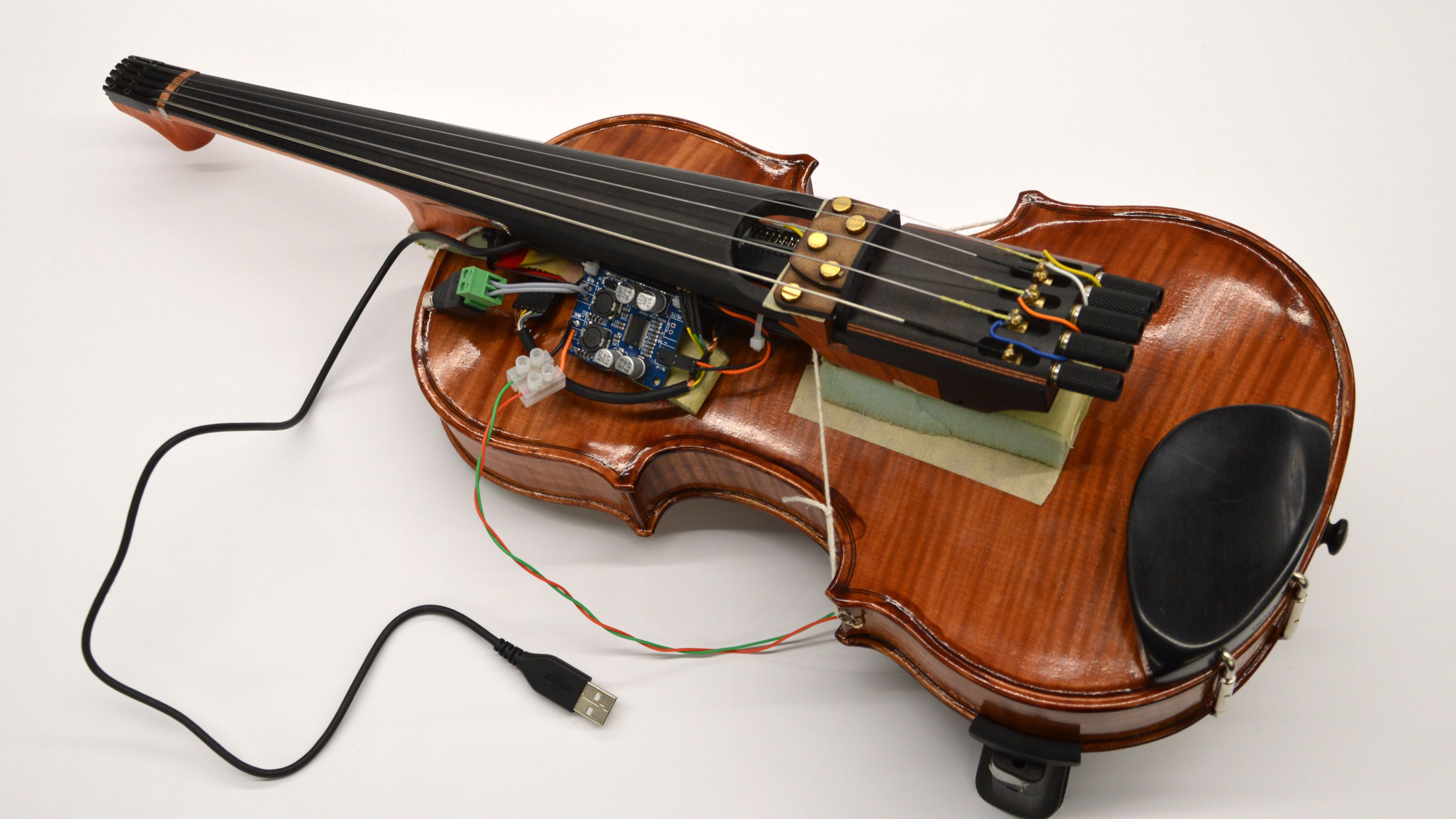 A close up picture of the Svampolin, a heavily modified violin.