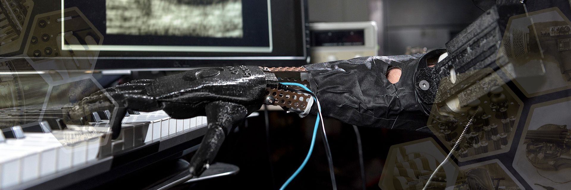 A prosthetic robotic hand playing the piano.