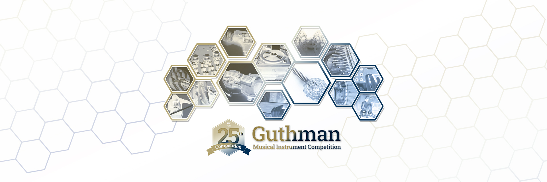 Guthman graphic with gold and navy hexagon instrument images