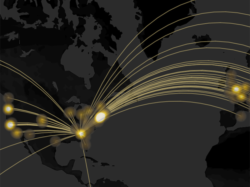 A dark gray map of the world with gold dots and lines, showing Guthman competitors origins.